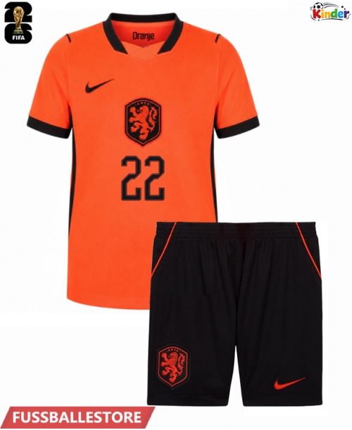 Günstige Niederlande Denzel Dumfries #22 Heimtrikotsatz Kinder WM 2026 Kurzarm (+ Kurze Hosen)